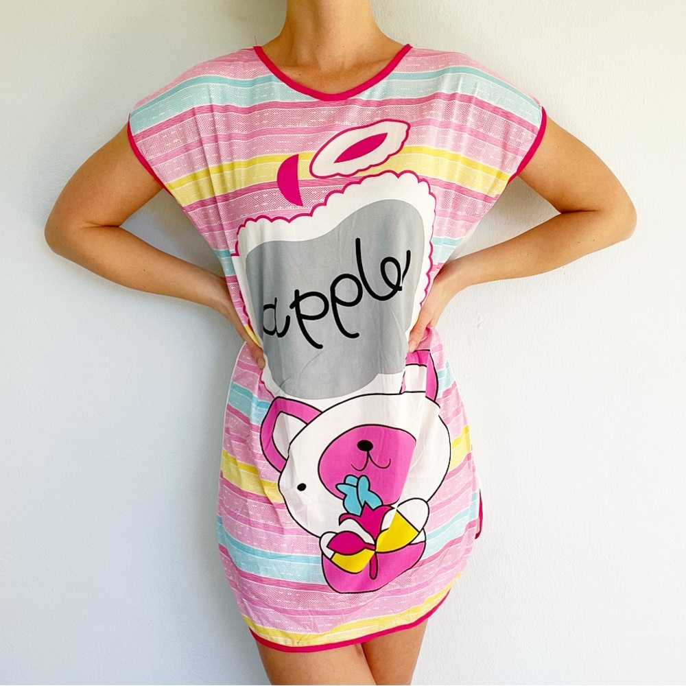 Apple pink rainbow stripe teddy bear sleep shirt nightgown one size